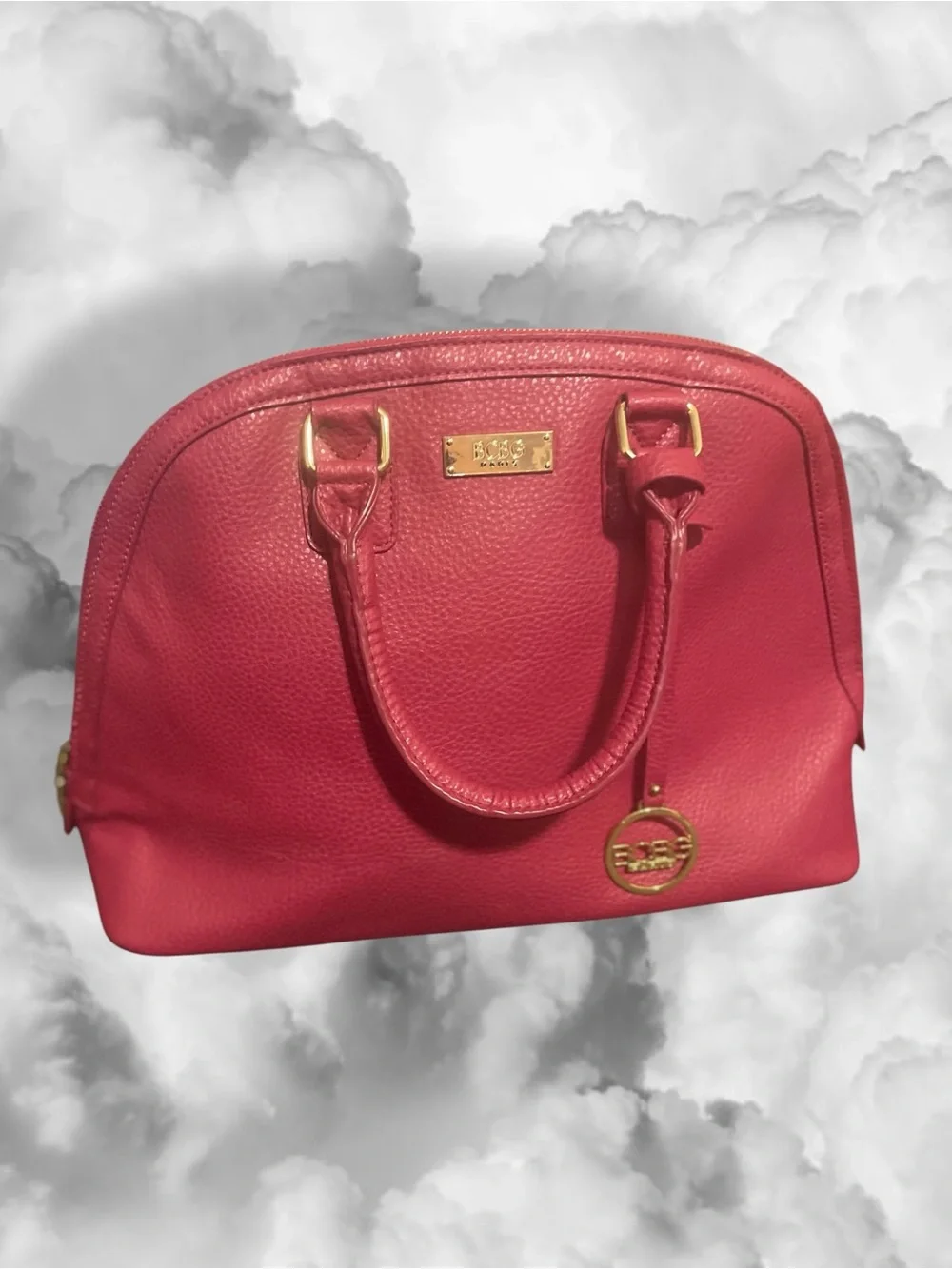 BCBG Paris Berry Pink Pebbled Faux Leather Dome Bowler Satchel Bag Gold HW